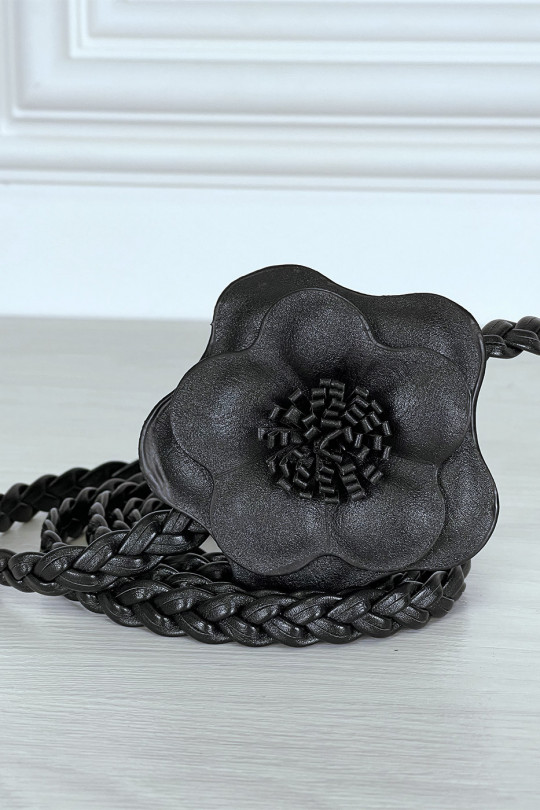 Zwart gevlochten imitatieleren riem met bloem - 1
