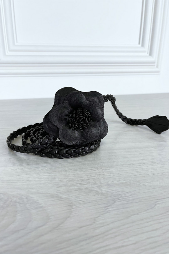 Black braided faux leather belt with flower - 3