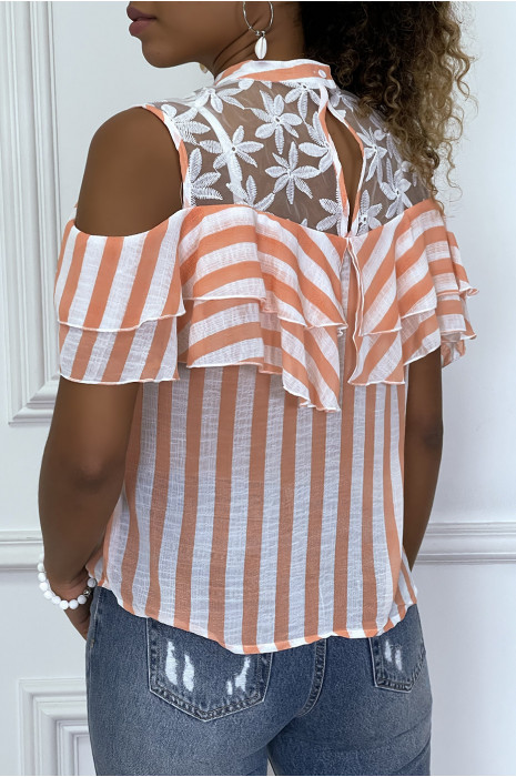 Blouse à rayure orange à volants et col haut - 4