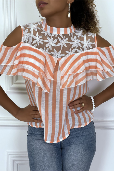 Blouse à rayure orange à volants et col haut - 3