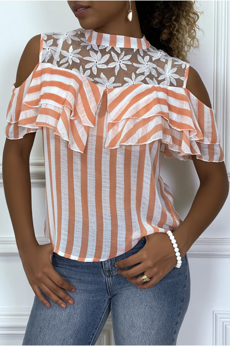 Blouse à rayure orange à volants et col haut - 1