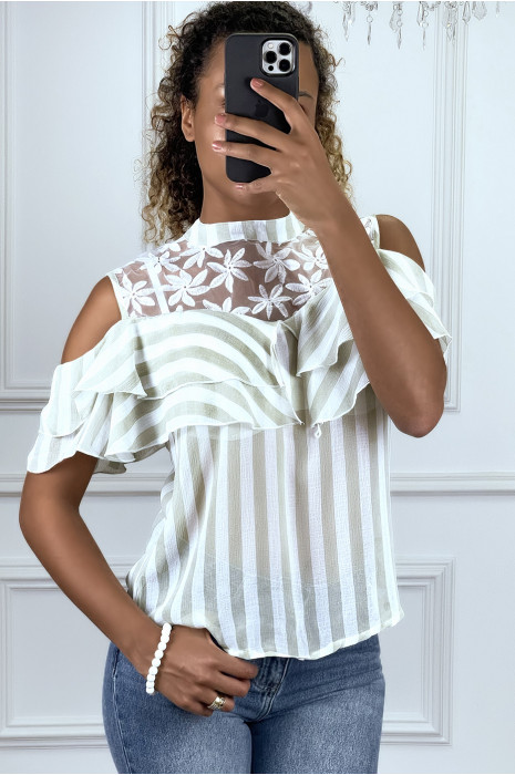 Blouse à rayure verte à volants et col haut - 1