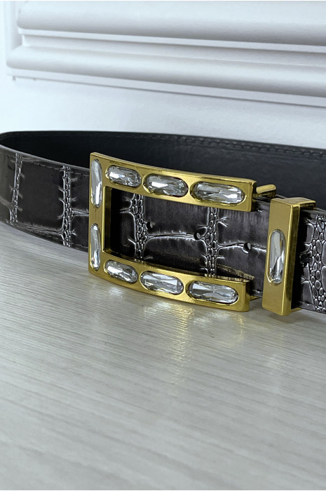Ceinture grise façon réptile et boucle bijoux dorée - 1