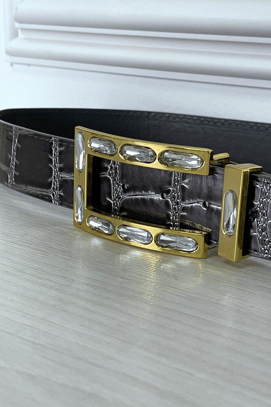 Gray reptile-style belt and golden jewelry buckle - 1