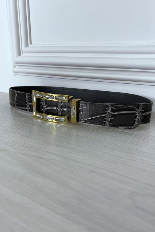 Gray reptile-style belt and golden jewelry buckle - 2