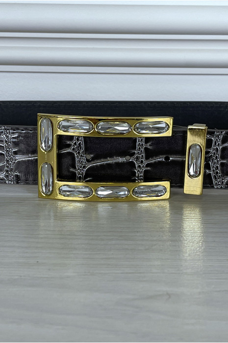 Ceinture grise façon réptile et boucle bijoux dorée - 3
