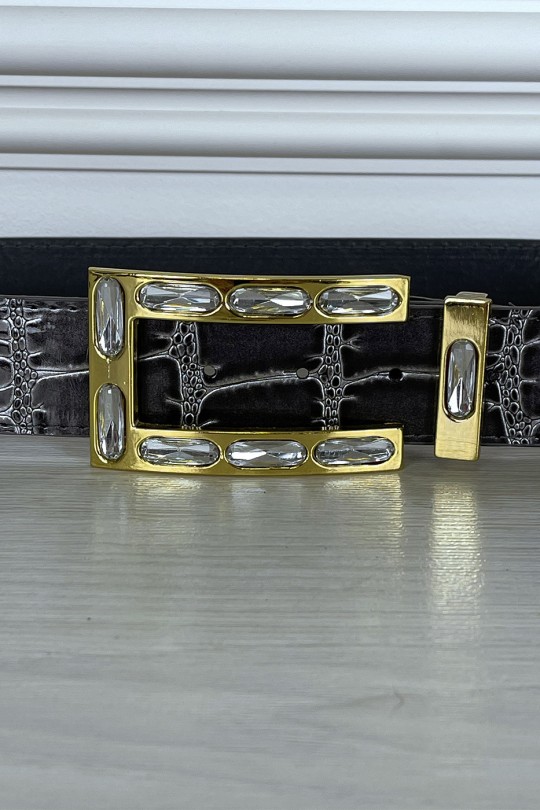 Gray reptile-style belt and golden jewelry buckle - 3