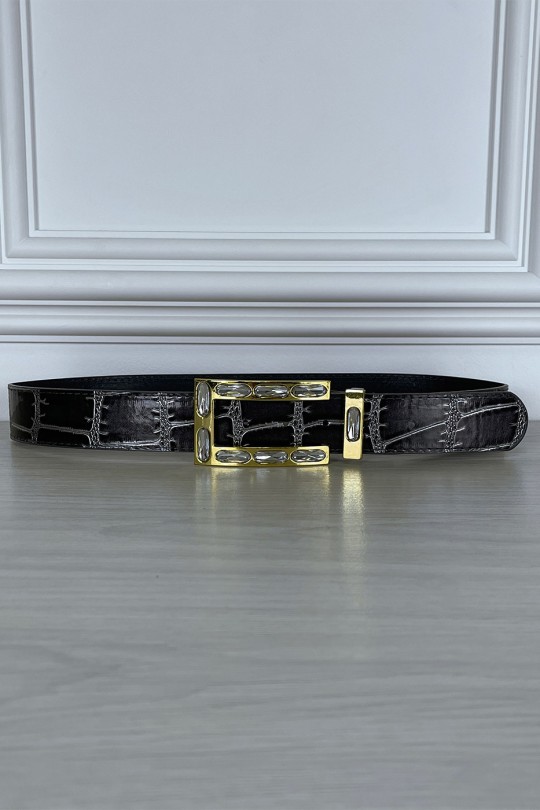 Gray reptile-style belt and golden jewelry buckle - 4