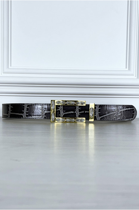 Gray reptile-style belt and golden jewelry buckle - 5