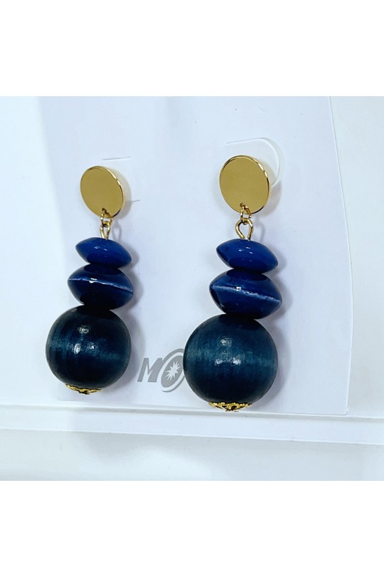Gold and blue wooden pearl earrings - 2