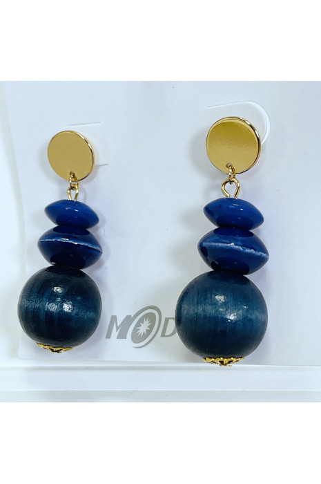 Gold and blue wooden pearl earrings - 1