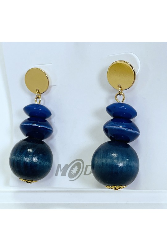 Gold and blue wooden pearl earrings - 1