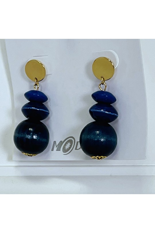 Gold and blue wooden pearl earrings - 3