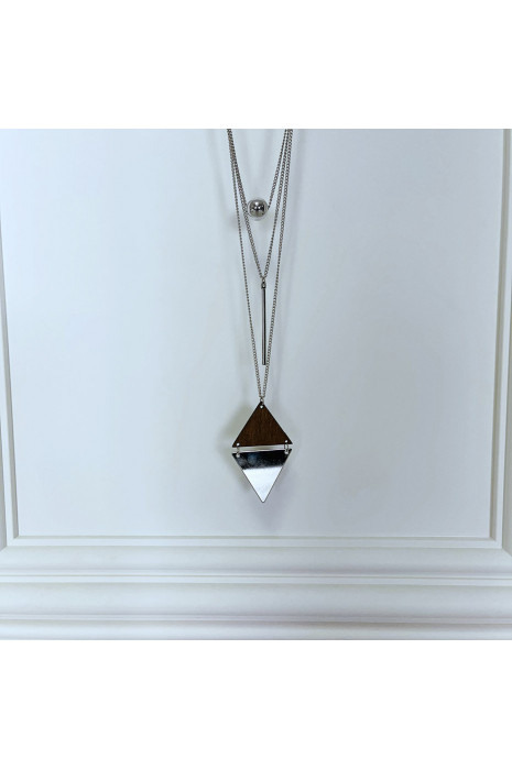 Collier sautoir argenté 3 rangs avec détail en bois