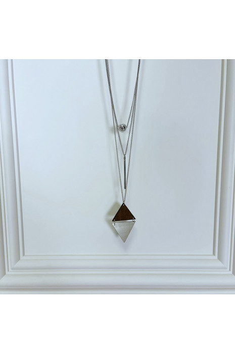 Collier sautoir argenté 3 rangs avec détail en bois