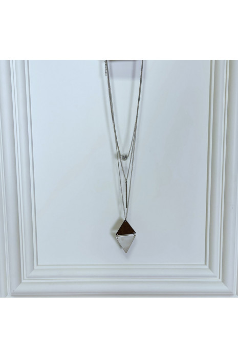 Collier sautoir argenté 3 rangs avec détail en bois