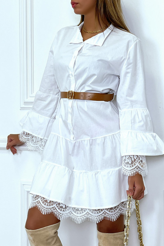 Robe chemise blanche avec ceinture volant et dentelle - 1