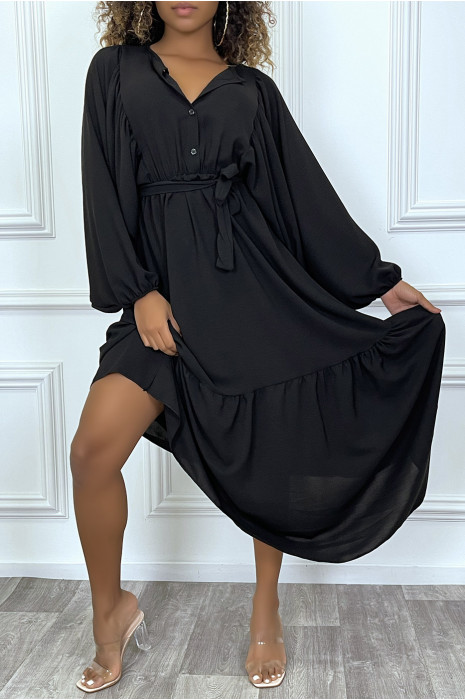 Robe longue noire à volant et manches oversize - 1