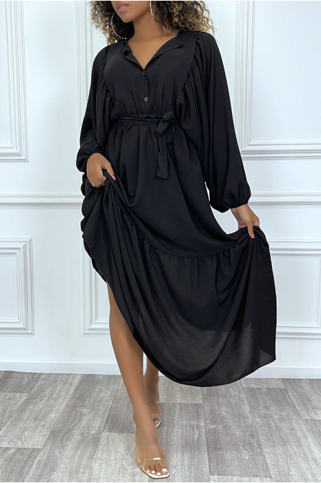 Robe longue noire à volant et manches oversize - 2