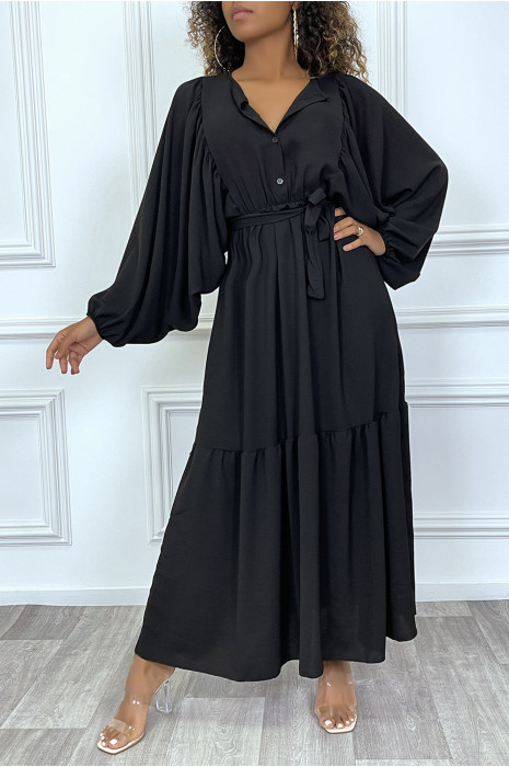 Robe longue noire à volant et manches oversize - 3