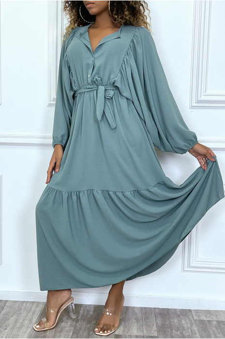 Robe longue verte à volant et manches oversize - 2