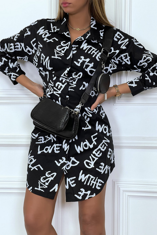 Robe chemise noire froncée à la taille inscription tag - 1