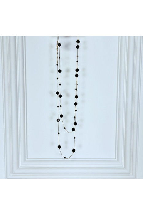 Collier sautoir doré avec pierres transparentes brillantes noires