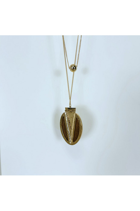 Collier sautoir doré pour femmes avec détail en bois