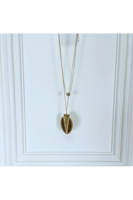 Collier sautoir doré pour femmes avec détail en bois