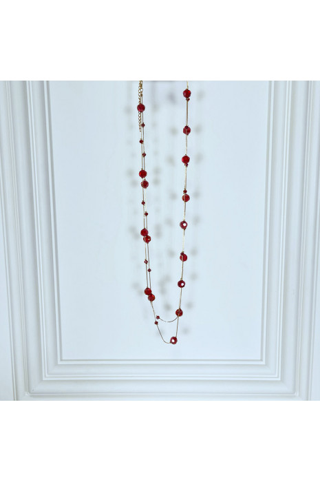 Collier sautoir doré avec pierres transparentes brillantes rouges