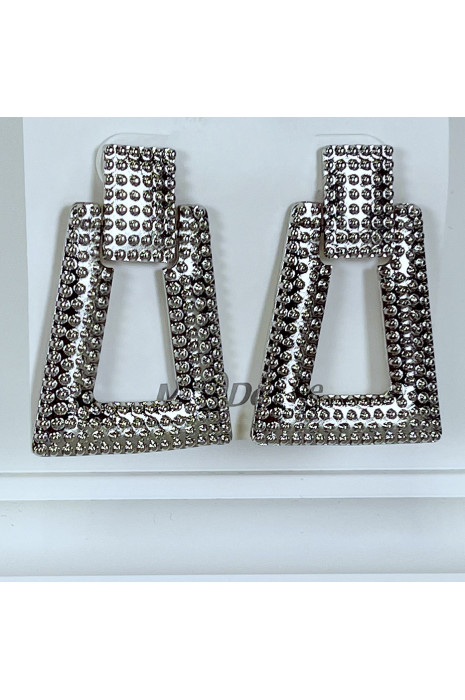Boucles d'oreilles rectangles argentées à relief - 1