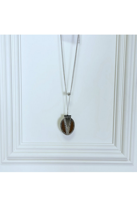 Collier sautoir argenté pour femmes avec détail en bois