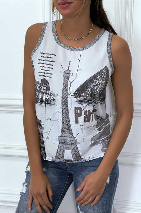 Top gris en voilage bi matière imprimé Paris - 2
