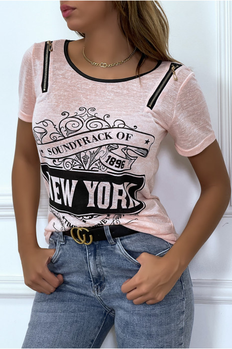 Tee shirt rose imprimé avec fermeture eclair - 1