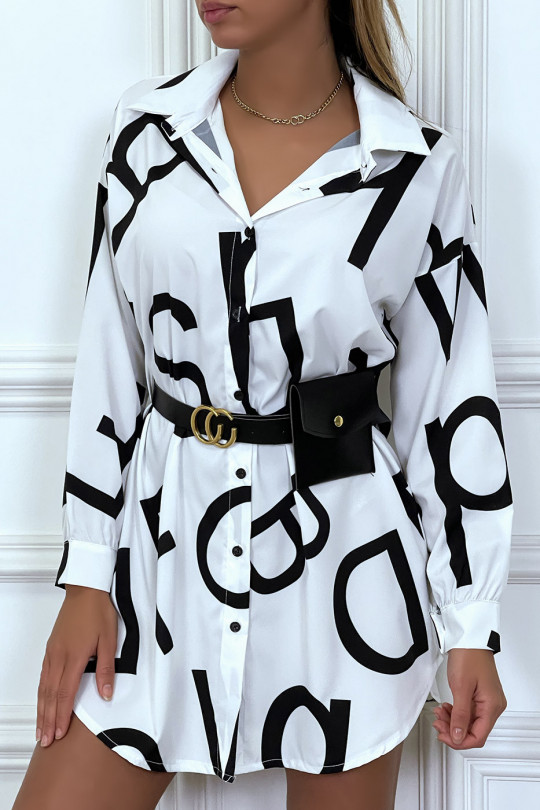 Robe chemise asymétrique blanche avec ceinture sacoche - 3