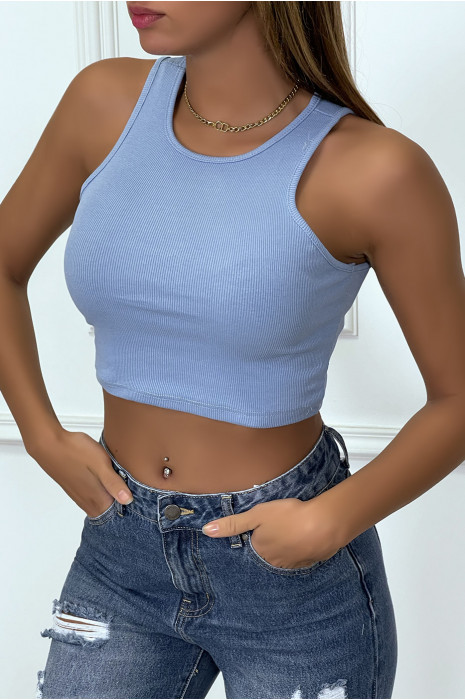 Blauwe geribbelde tanktop crop top - 3