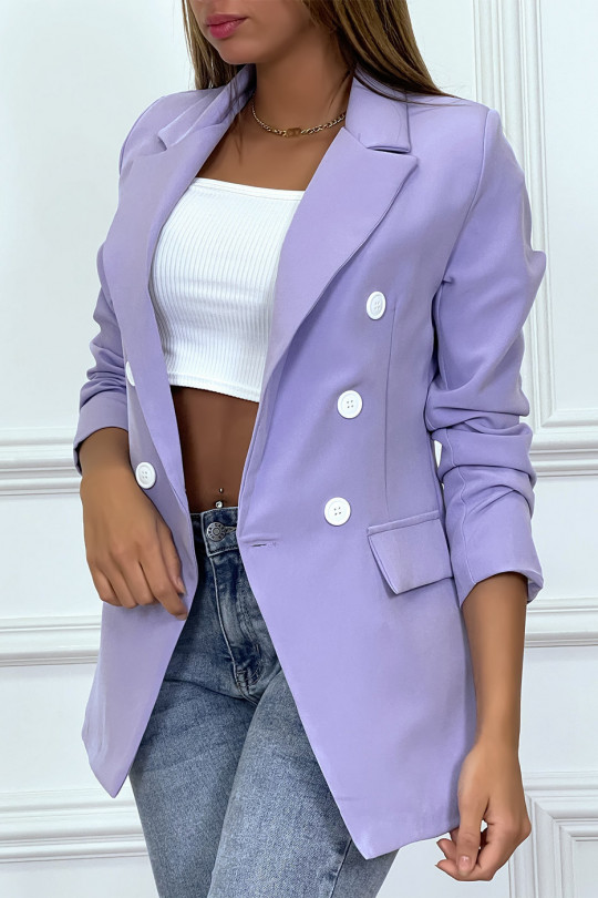 Veste blazer lila à boutons blanc - 5