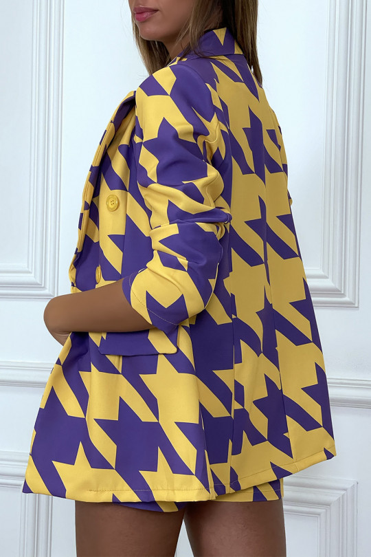 Ensemble tailleur 2 pièces violet et jaune motif pied de poule - 2