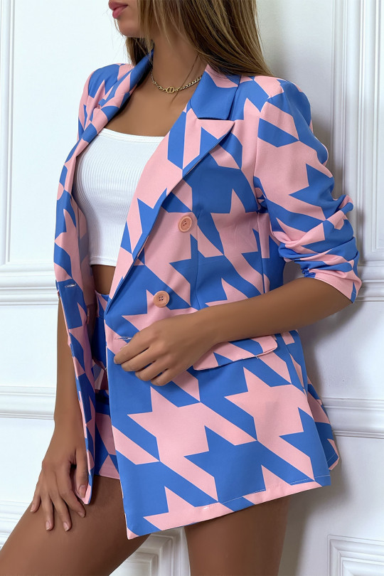 En22mble 2-piece suit in pink and blue houndstooth pattern - 2