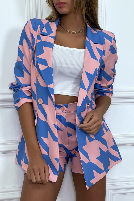 En22mble 2-piece suit in pink and blue houndstooth pattern - 3