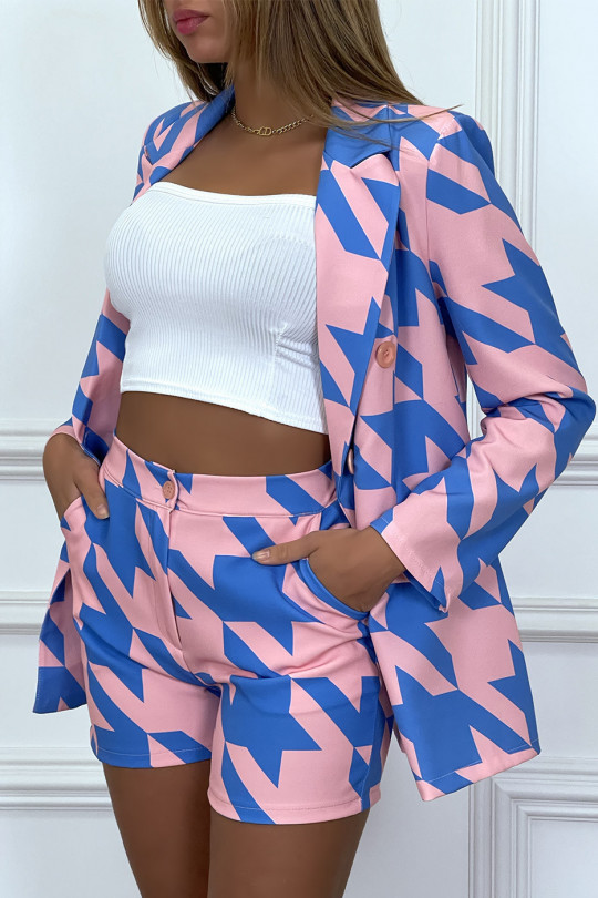 En22mble 2-piece suit in pink and blue houndstooth pattern - 5