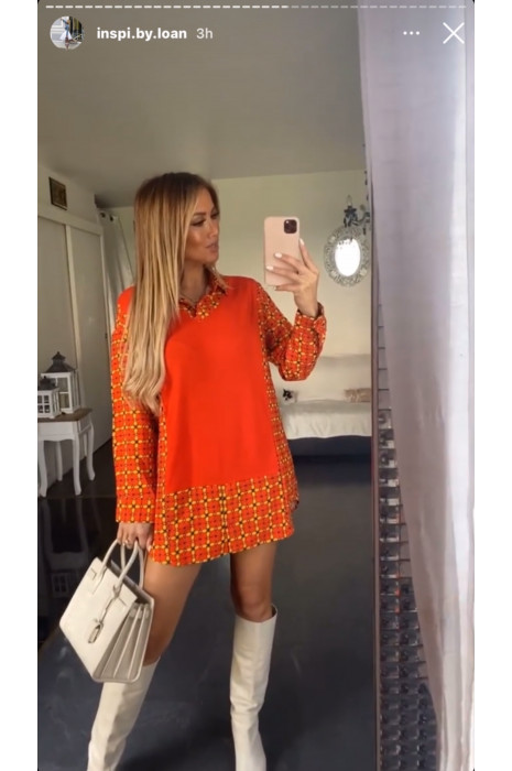 Robe tunique taupe col chemise avec joli motif - 6