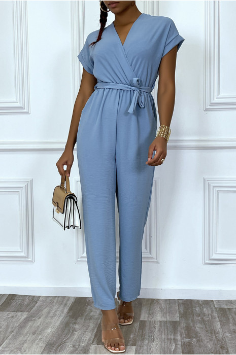 Combinaison pantalon palazzo bleu cache coeur en voilage - 4