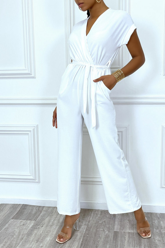 White palazzo pant jumpsuit with heart-shaped sheer wrap - 3