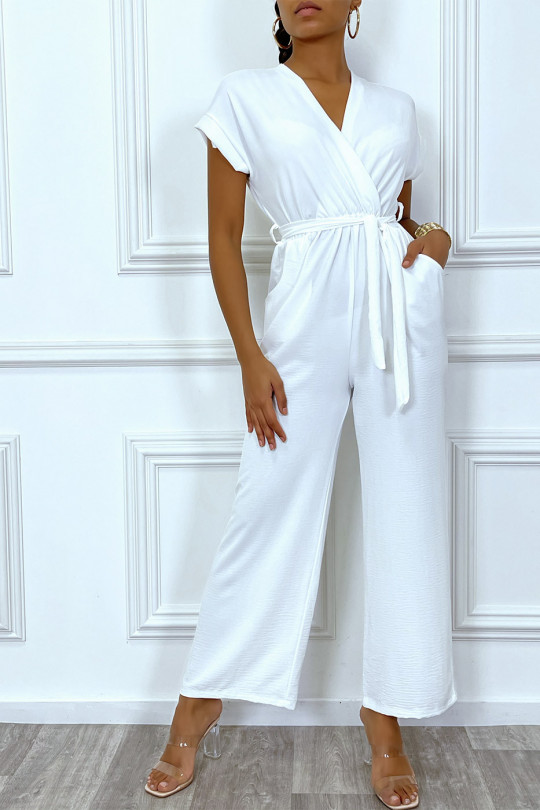White palazzo pant jumpsuit with heart-shaped sheer wrap - 4