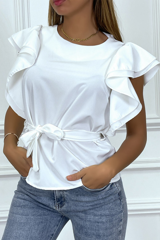 White blouse with ruffle sleeves and belt - 1