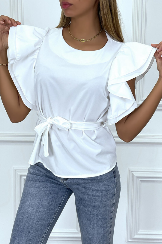 White blouse with ruffle sleeves and belt - 3