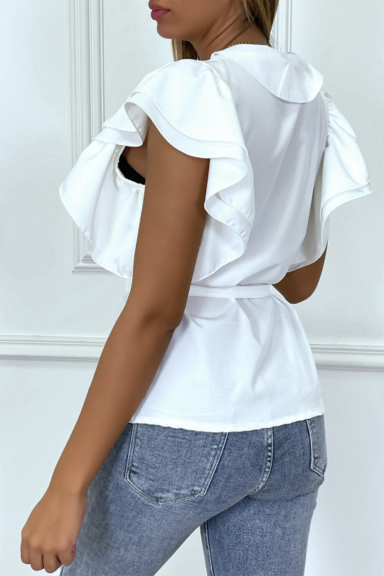 White blouse with ruffle sleeves and belt - 4
