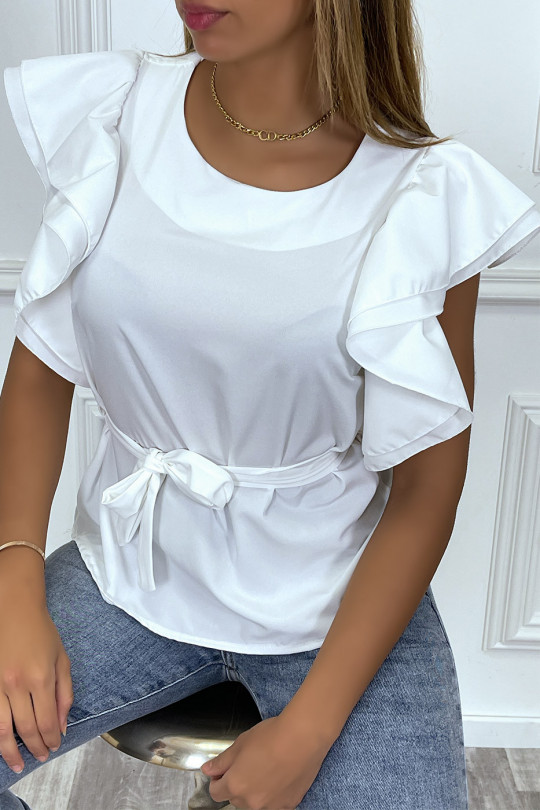 White blouse with ruffle sleeves and belt - 5