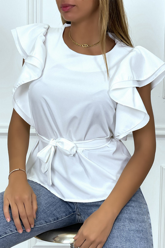 White blouse with ruffle sleeves and belt - 6